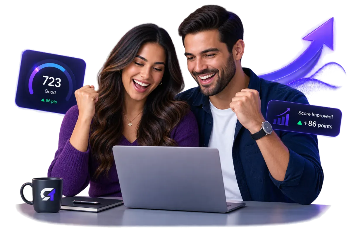 Illustration of a couple reviewing their credit dashboard together, with an example score of 723 and a rising trend